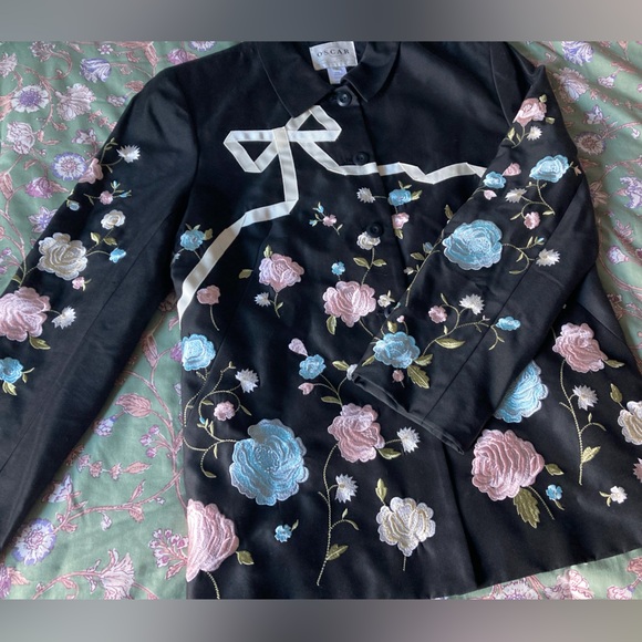 Oscar by Oscar de la Renta Black Pastel Floral Embroidered Blazer Jacket - Picture 1 of 10